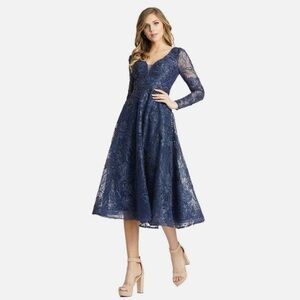 Mac Duggal NWT Beaded Embroidered Long Sleeve Navy Blue Formal Gown Dress 14